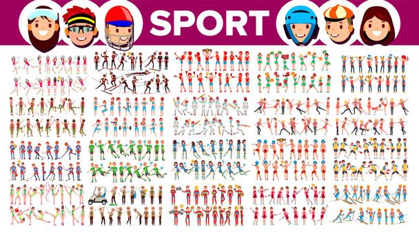 Athlete Set Vector. Man, Woman. Group Of Sports People In Uniform, Apparel. Sportsman Character In Game Action. Flat Cartoon Illustration - Vector, Image
