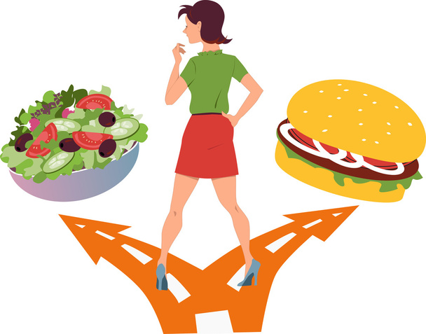 Выбор между здоровым питанием и фаст-фудом
 - Вектор,изображение