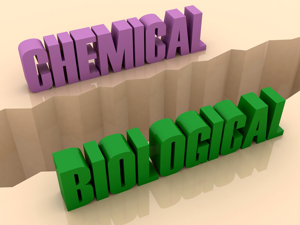 Two words CHEMICAL and BIOLOGICAL split on sides, separation crack. Concept 3D illustration. - Photo, Image