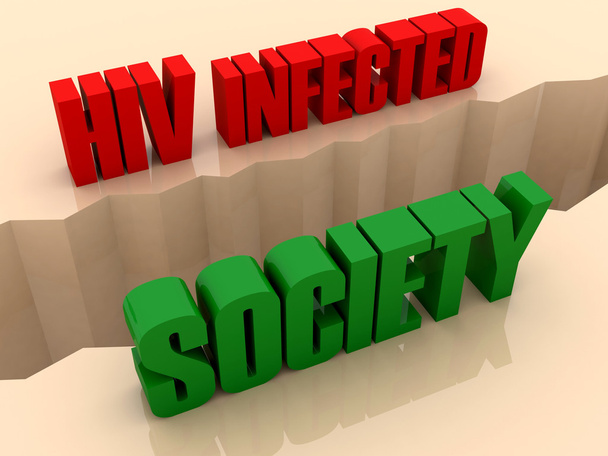 Due parole HIV INFETTATO e SOCIETÀ diviso su lati, separazione crack. Concetto Illustrazione 3D
. - Foto, immagini