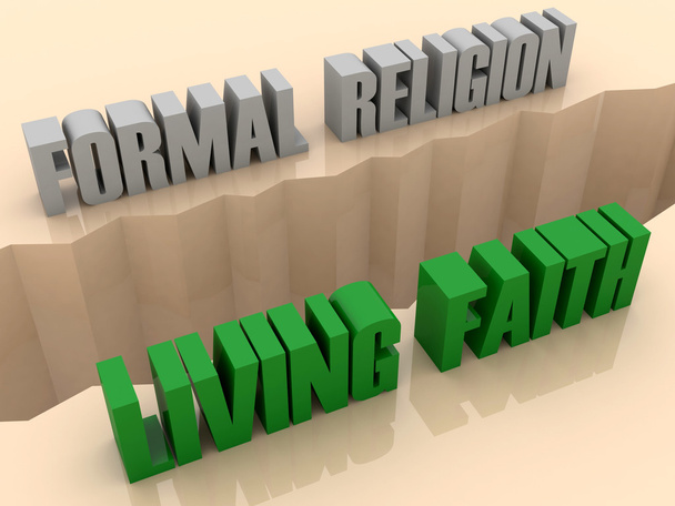 Две фразы FORMAL RELIGION и LIVING FAITH разделились по бокам, трещина разделения. Концепция 3D иллюстрации
. - Фото, изображение