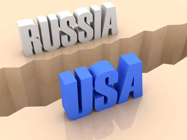 Две страны Россия и США разделились по сторонам, трещина разделения. Концепция 3D иллюстрации
. - Фото, изображение
