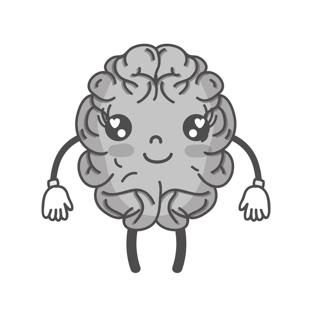 Graustufenkawaii niedliches glückliches Gehirn mit Armen und Beinen Vektorillustration - Vektor, Bild