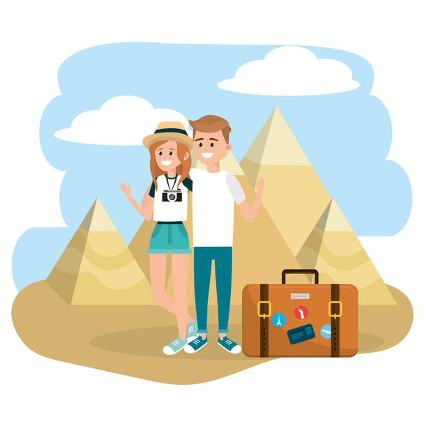 Žena a muž pár s Aktovkou a pyramidy v Gíze vektorové ilustrace - Vektor, obrázek