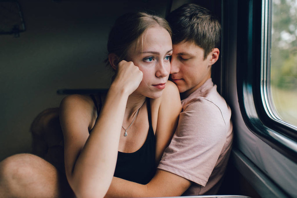 romantic couple of lovers travelling by train - Foto, immagini