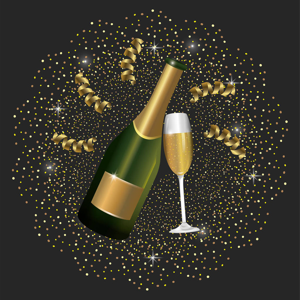 бутылка шампанского и бокал к новогодней векторной иллюстрации
 - Вектор,изображение