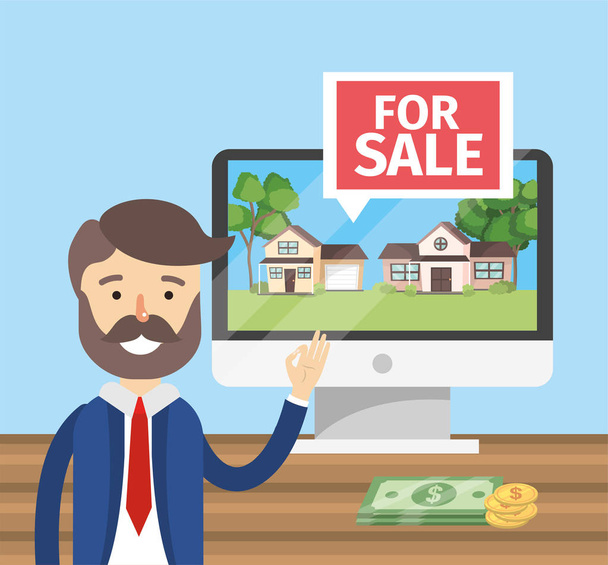 zakenman met computer verkoop huizen eigenschap vectorillustratie - Vector, afbeelding