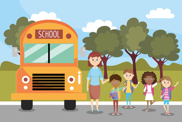 chlapci a dívky studentů a školní autobus vektorové ilustrace - Vektor, obrázek