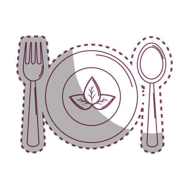 ложка для наклейки, вилка и тарелка с листьями, векторная иллюстрация
 - Вектор,изображение