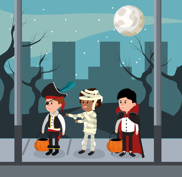 Amigos con trajes de miedo en la noche de Halloween dibujos animados vector ilustración diseño gráfico
 - Vector, imagen