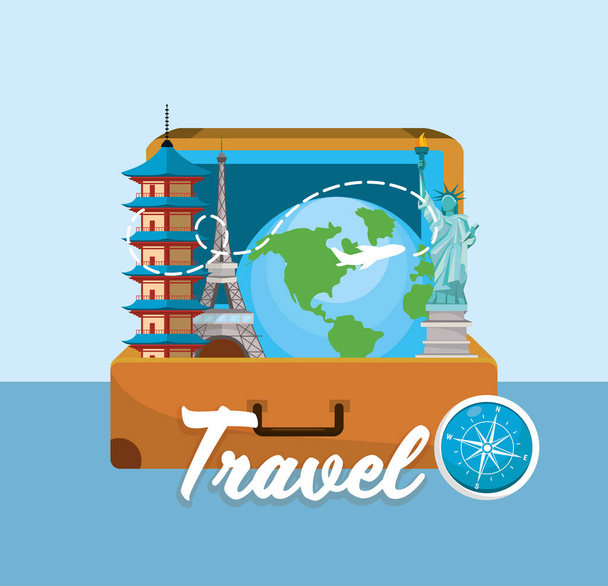 maletín de viaje con ilustración de vectores de destino de lugar global
 - Vector, imagen