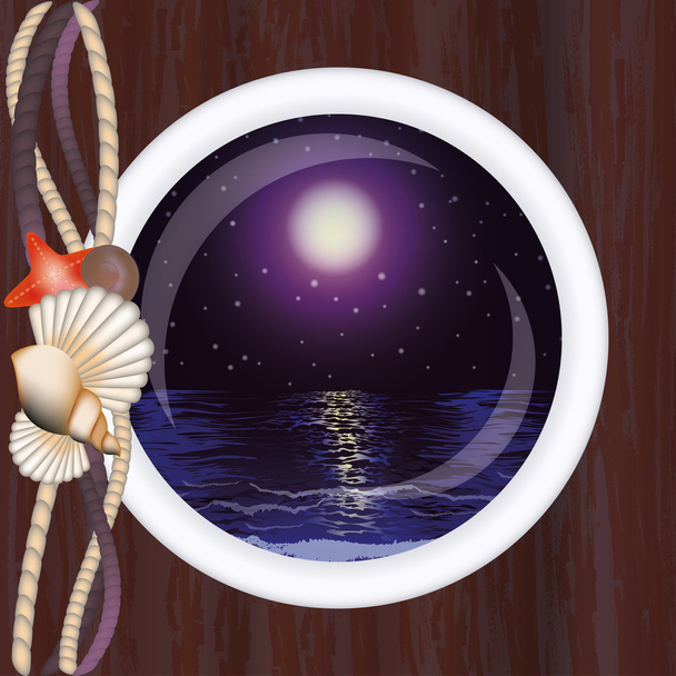Beautiful night ocean in porthole, vector illustration - Vecteur, image
