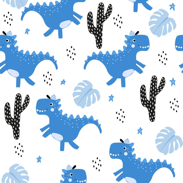 Seamless pattern with cute dinosaur.Hand-drawn, Scandinavian style. Ideal for printing on children's textiles. - Vektör, Görsel