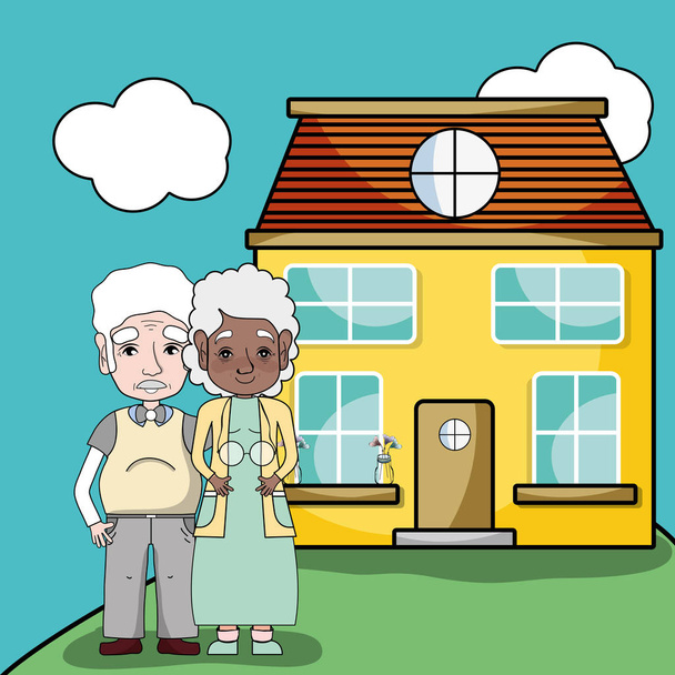 pareja de edad junto a su casa vector ilustración
 - Vector, imagen