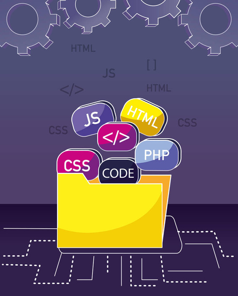 Carpeta de codificación del programa con códigos y engranajes vector ilustración diseño gráfico
 - Vector, imagen
