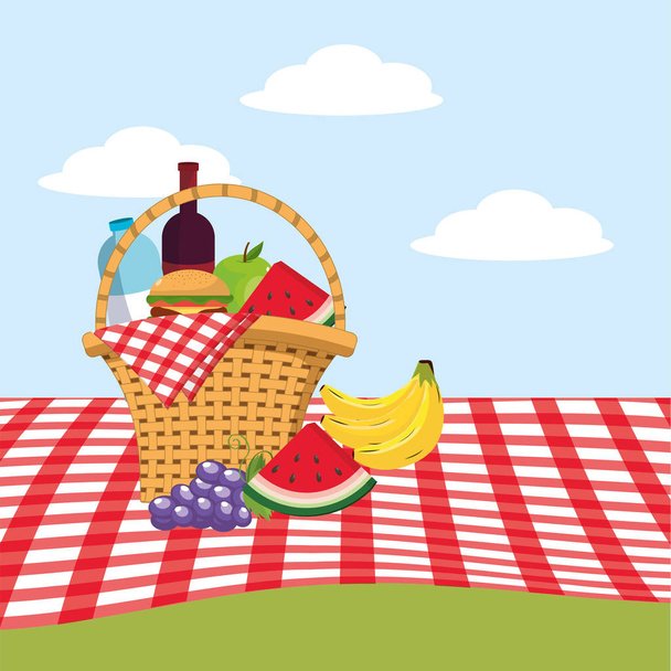basket with water bottle and wine in the tablecloth vector illustration - Vector, Image