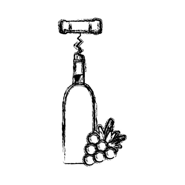 Konturweinflasche mit Traubenfrucht und Korkenzieher, Vektor Illustration Design - Vektor, Bild