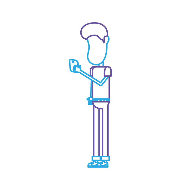 de aardige man lijn met kapsel en smartphone in de hand vectorillustratie - Vector, afbeelding