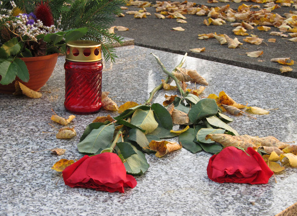 red roses and a small lantern on the grave in autumn - Photo, Image