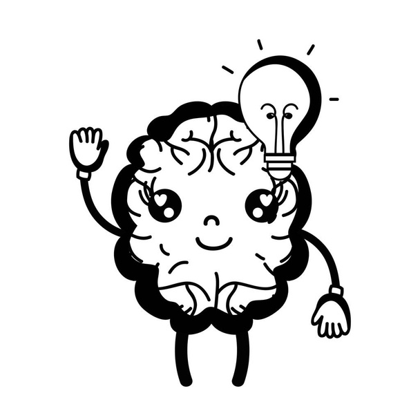 kawaii szczęśliwy mózgu z żarówka pomysł wektor ilustracja kontur - Wektor, obraz