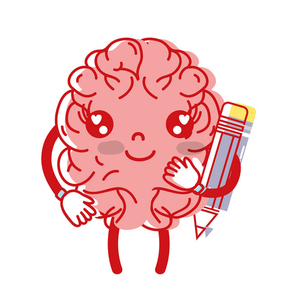 kawaii happy brain with pencil tool vector illustration - Vector, Image
