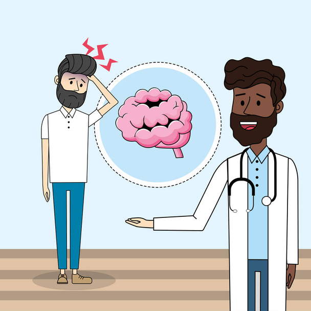 диагностика врача и человек с векторной иллюстрацией заболевания головной болью
 - Вектор,изображение