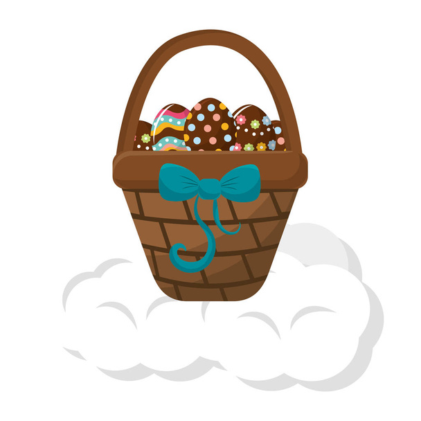 cesta marrón con lazo de cinta y huevos de Pascua en el interior, ilustración vectorial
 - Vector, Imagen