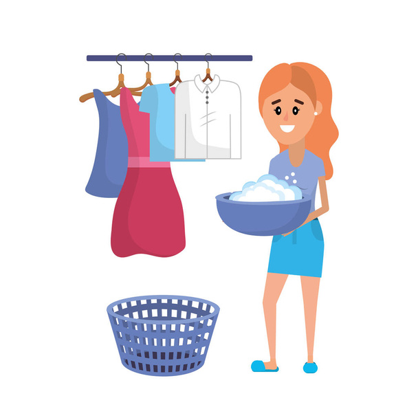 laundry equipment and woman doing a domestic job vector illustration - Vector, Image