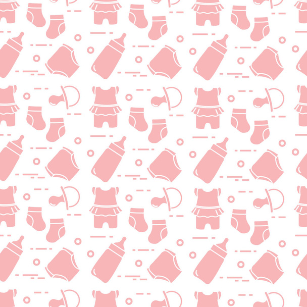 Seamless pattern with goods for babies. Newborn baby background. Baby bottle, nipple, socks, diapers, bodysuit. - Vector, Image