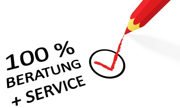 Красный карандаш рисунок крючок и текст 100% Советы и услуги (на немецком языке)) - Вектор,изображение