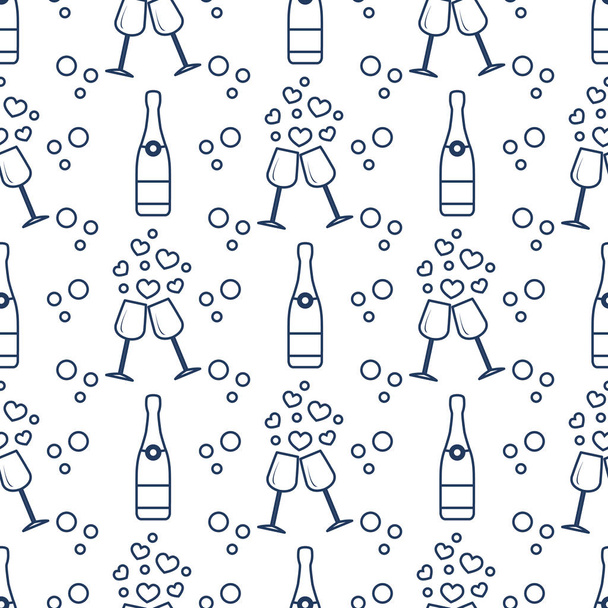 Seamless pattern with champagne glasses, hearts, bottle. Greeting card happy Valentine's Day. Romantic background. - Vektör, Görsel