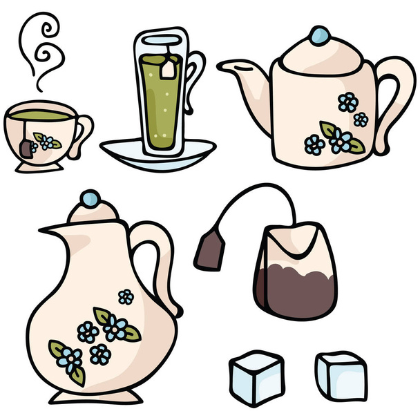Set di icone della coppa vettoriale carina. Illustrazione disegnata a mano per disegni di bevande mattutine. Bevanda a base di erbe per la pubblicità del caffè. Diversi tipi di tè, menta, earl grey, clipart colazione inglese
. - Vettoriali, immagini