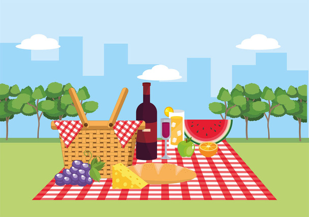 basket with wine and fruits in the tablecloth decoration vector illustration - Vector, Image