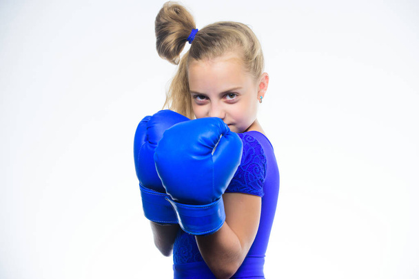 Girl child with blue gloves posing on white background. Sport upbringing. Upbringing for leadership and winner. Strong child boxing. Sport and health concept. Boxing sport for female. Be strong - Foto, Imagen