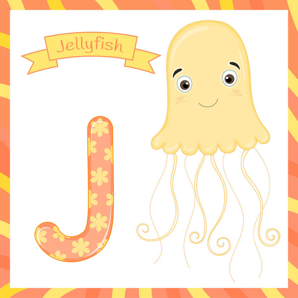 Cute children animal alphabet J letter flashcard of Jellyfish for kids learning English vocabulary - Vector, Imagen