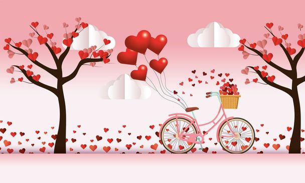 自転車とバレンタインの日に心の花の装飾が付いている木のベクトル図 - ベクター画像