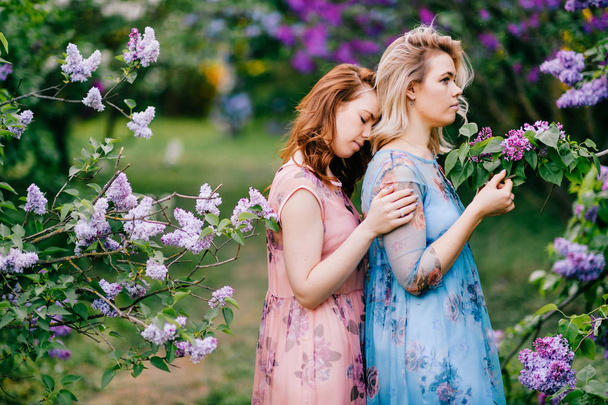  young tender twin sisters in blooming lilac botanical garden - Zdjęcie, obraz