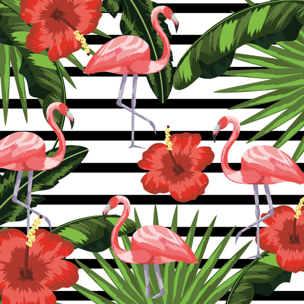 flamingos with flowers and plants leaves background vector illustration - Vector, Image