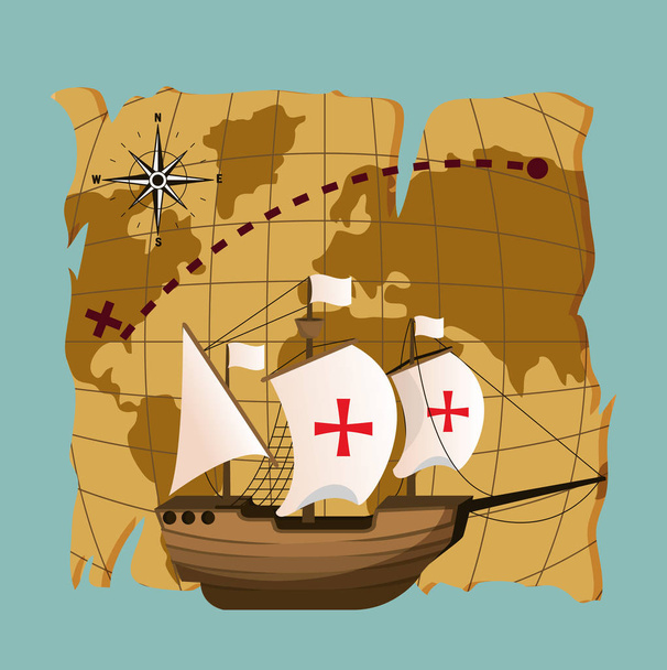 Columbus day ship sulla mappa del mondo vintage vettoriale illustrazione grafica dsign
 - Vettoriali, immagini