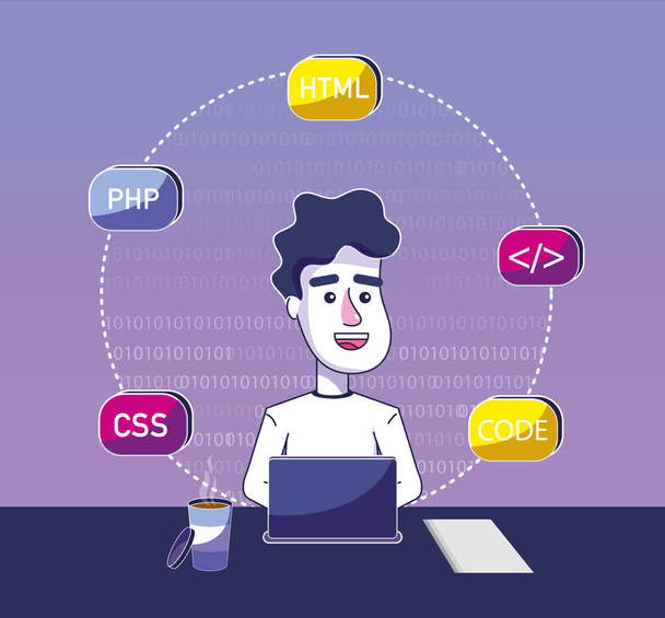 Software programmer working with laptop elements vector illustration graphic design - Vector, Image