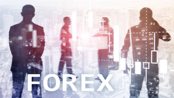 Forex trading, financial candle chart and graphs on blurred business center background. - Fotoğraf, Görsel