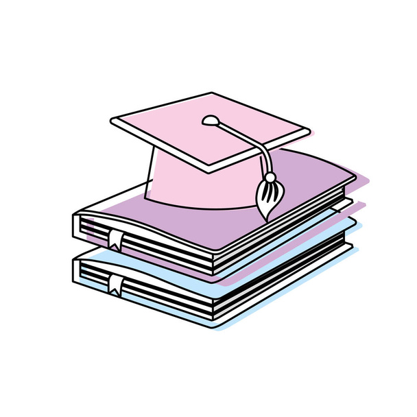 gorra de graduación con cuadernos de educación objeto vector ilustración
 - Vector, imagen