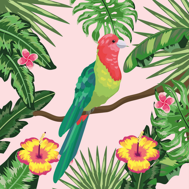 vogel met bloemen en planten laat achtergrond vectorillustratie - Vector, afbeelding