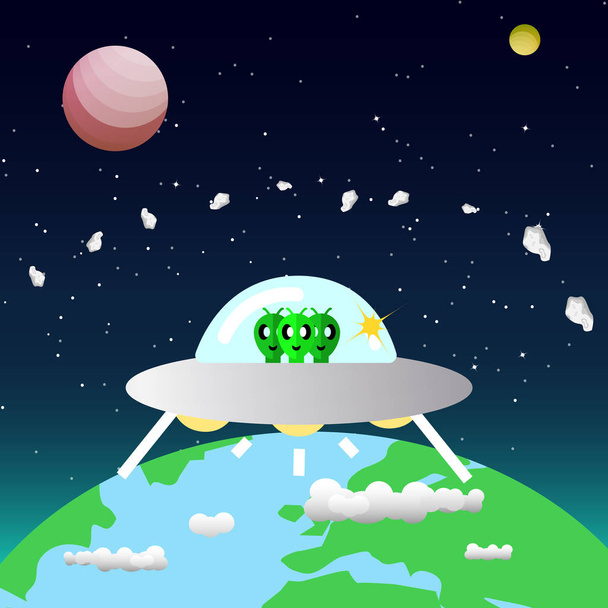 Мультфильм инопланетных захватчиков отправиться на Землю и другие планеты будущей концепции среди звезд, пыли и астероидов на космическом и галактическом абстрактном фоне, плоский дизайн астрономии
 - Вектор,изображение