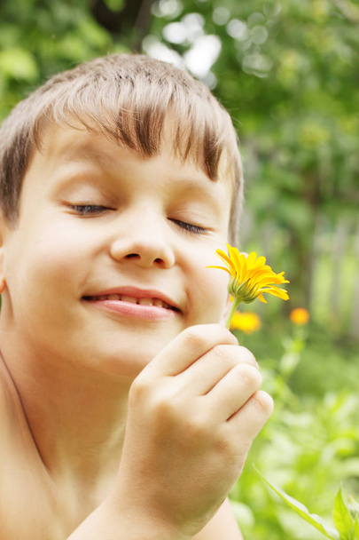 Маленький мальчик пахнет цветами календулы
 - Фото, изображение