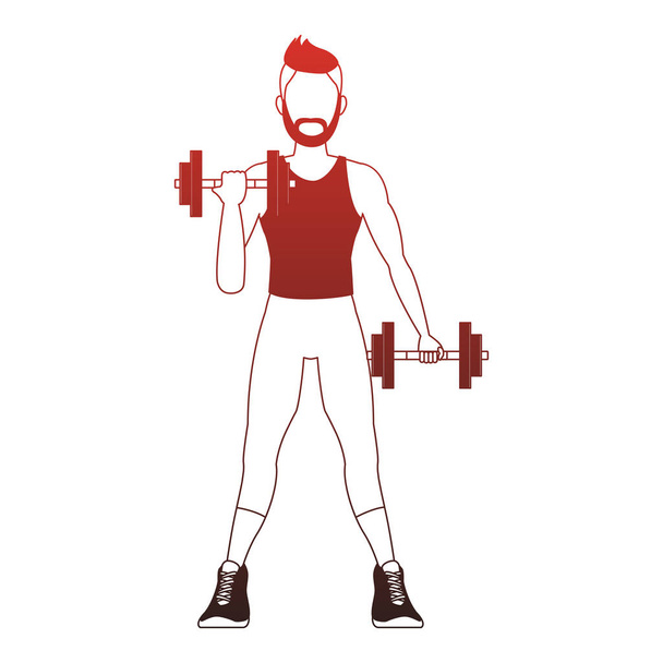 Fitness hombre levantando pesas líneas rojas
 - Vector, Imagen