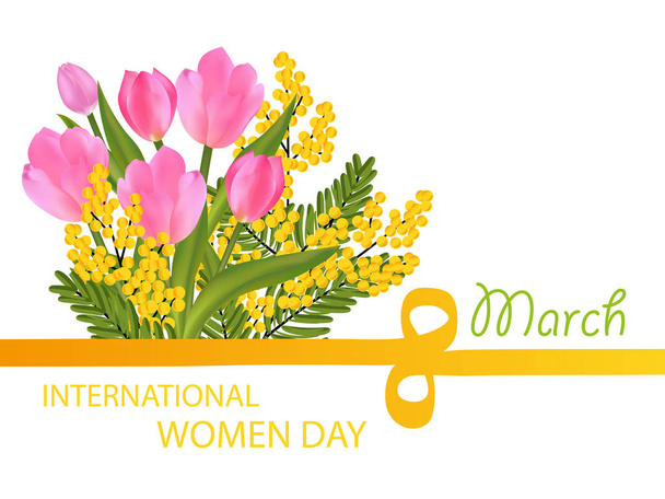 A bouquet of tulips and mimosa. figure eight ribbon. Desing for March 8 International Women's Day with flowers. Vector Illustration. - Vettoriali, immagini