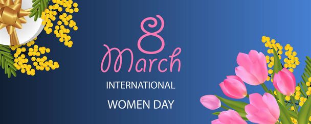 Desing for March 8 International Women's Day with Mimosa and Tulip bouquet, gift box with gold bow. Banner or background with flowers. Vector Illustration. - Vektör, Görsel
