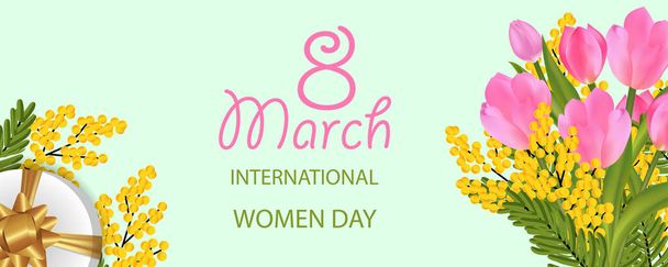 Desing for March 8 International Women's Day with Tulip bouquet and Mimosa, gift box with gold bow. Light Banner or background with flowers. Vector Illustration. - Vector, Imagen