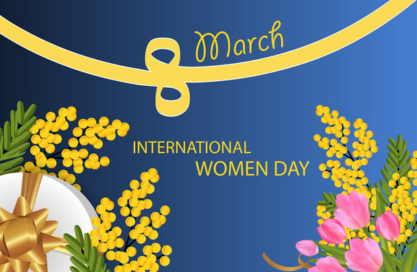 Projeto para 8 de março Dia Internacional da Mulher com Tulipa e Mimosa, caixa de presente com arco de ouro, figura oito da fita. Fundo com flores. Ilustração vetorial
. - Vetor, Imagem
